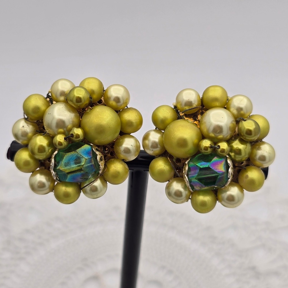 Vintage Japan Green Faux Pearl AB Crystal Cluster Clip On Earrings Gold Tone